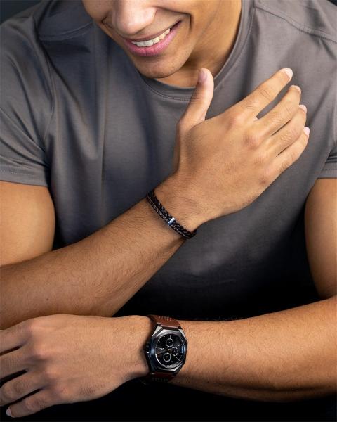 Doppeltes Armband aus braunem italienischem Nappaleder mit versilberter Oberfläche - Duo Brown